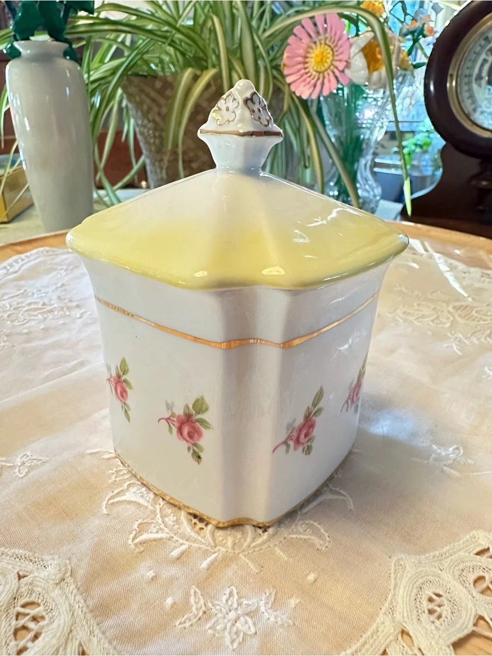 Vintage Royal Stafford English Bone China Lidded Jar Pink Roses Gold